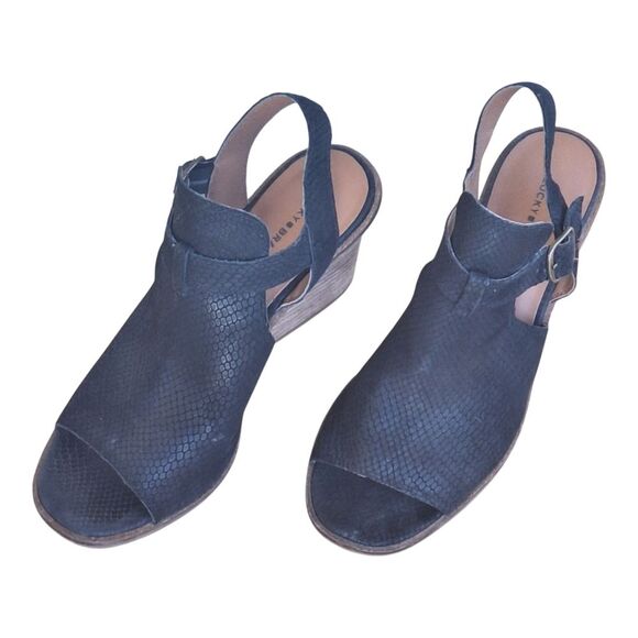 Lucky Brand Labradite Wedge Stack Heel Sandals Black Leather Snake Texture sz 11 - Picture 5 of 16